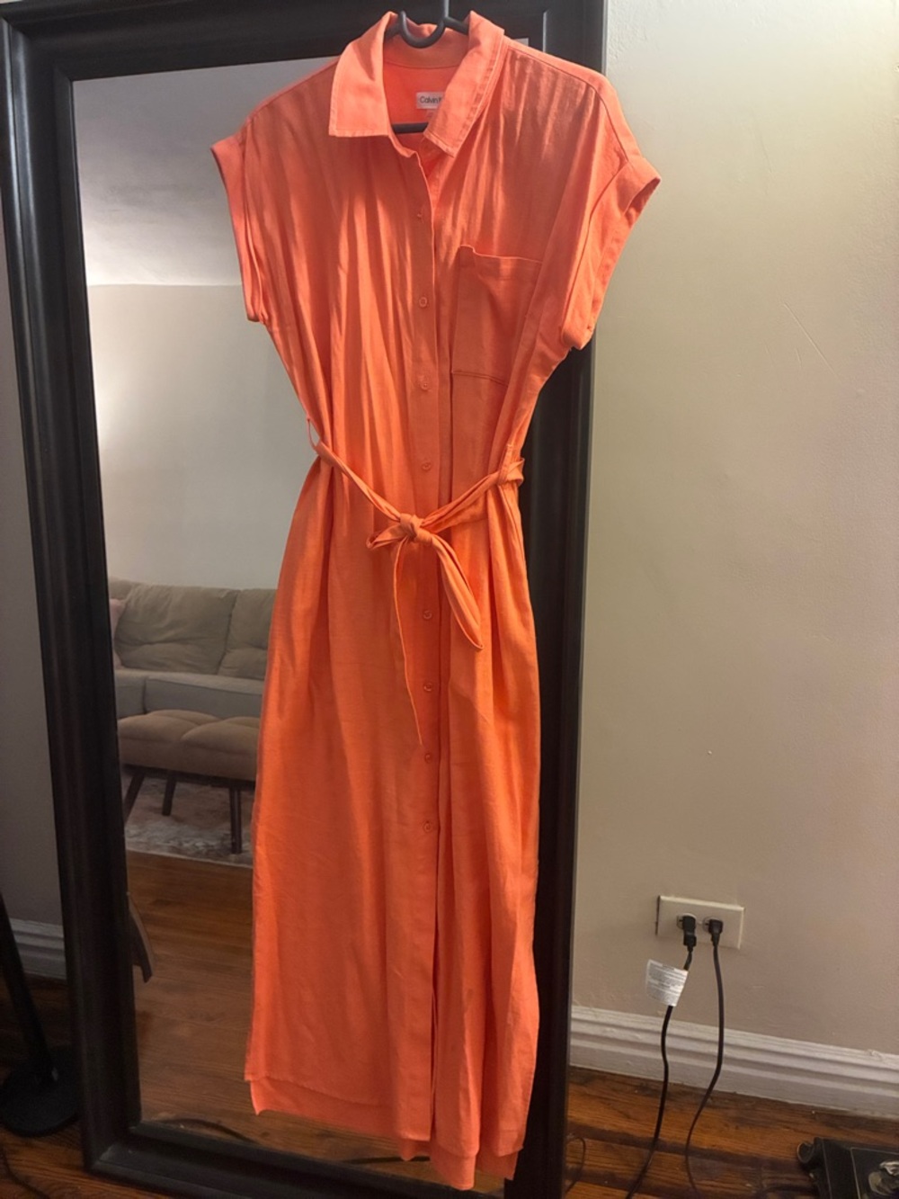 Calvin Klein linen blend Casual Button-Front Orange Shirt Dress with Tie Waist